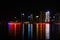 Zhejiang, China - May 21, 2019: Night skyline view of Hangzhou with modern colorful light decoration buildings