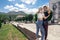 Zheleznovodsk city, Stavropol Territory, country Russia 06/13/2020 A guy and a girl posing against the backdrop of the city of