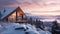 Zigzag shaped modern cabin by ocean in Scandinavian snowy mountain landscape sunset