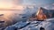 Zigzag shaped modern cabin by ocean in Scandinavian snowy mountain landscape sunset