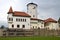 Zilina, Slovakia - May 12, 2019: Budatin castle under reconstruction, erect scaffolding next to castle fortification