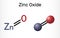 Zinc oxide, ZnO molecule. It is inorganic compound, mineral ingredient of various pharmacological preparations. Structural