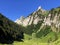 Zindlenspitz Mountain above the valley Wagital or Waegital and alpine Lake Wagitalersee Waegitalersee, Innerthal