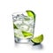 A zingy caipirinha cocktail with lime in a rocks glass, created by Generative AI.