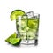 A zingy fresh caipirinha cocktail with lime in a rocks glass, created by Generative AI.