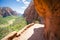 Zion Natural park in Utah USA. Beautiful view of valley and path for hikers. Amazing nature of USA