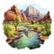 Zion Valley River Watercolor Sticker - Cartoon Composition On Shaped Canvas