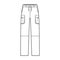 Zip-off convertible pants technical fashion illustration with low waist, high rise, box cargo jetted pockets, drawstring