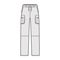 Zip-off convertible pants technical fashion illustration with low waist, high rise, box cargo jetted pockets, drawstring