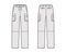 Zip-off convertible pants technical fashion illustration with low waist, high rise, box cargo jetted pockets, drawstring