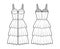Zip-up bustier dress technical fashion illustration with sleeveless, fitted body, 3 row knee length ruffle tiered skirt