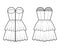 Zip-up bustier dress technical fashion illustration with strapless, fitted body, 2 row mini length ruffle tiered skirt.