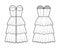 Zip-up bustier dress technical fashion illustration with strapless, fitted body, 3 row knee length ruffle tiered skirt.