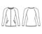 Zip-up cardigan Sweater technical fashion illustration with crew neck, raglan sleeves, fitted body, knit trim, pockets