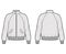 Zip-up Harrington Bomber jacket technical fashion illustration with Rib cuffs, waist, long raglan sleeves, flap pockets