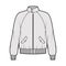 Zip-up Harrington Bomber jacket technical fashion illustration with Rib cuffs, waist, long raglan sleeves, flap pockets