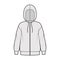 Zip-up Hoody sweatshirt technical fashion illustration with long sleeves, oversized body, drawstring. Flat extra large