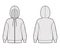 Zip-up Hoody sweatshirt technical fashion illustration with long sleeves, oversized body, drawstring. Flat extra large