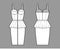 Zip-up peplum bustier dress technical fashion illustration with sleeveless, cups, fitted body, knee length skirt. Flat