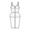 Zip-up peplum bustier dress technical fashion illustration with sleeveless, cups, fitted body, knee length skirt. Flat