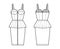 Zip-up peplum bustier dress technical fashion illustration with sleeveless, cups, fitted body, knee length skirt. Flat