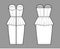 Zip-up peplum bustier dress technical fashion illustration with strapless, cups, fitted body, knee length skirt. Flat