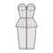 Zip-up peplum bustier dress technical fashion illustration with strapless, cups, fitted body, knee length skirt. Flat