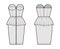 Zip-up peplum bustier dress technical fashion illustration with strapless, cups, fitted body, knee length skirt. Flat