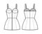 Zip-up tube dress technical fashion illustration with bustier, sleeveless, shoulder straps, fitted body, mini length