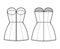 Zip-up tube dress technical fashion illustration with bustier, strapless, fitted body, mini length skirt. Flat garment