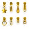 Zipper pullers, golden zip hasps, different shapes