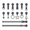 Zippers silhouettes set. Monochrome zip fastener and pullers. Fashion elements for fabric design and clothes. Vector