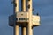 Zizkov television tower transmitter detail during sunset in Prague, Czech Republic