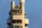 Zizkov television tower transmitter detail during sunset in Prague, Czech Republic