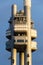 Zizkov television tower transmitter detail during sunset in Prague, Czech Republic