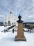 Zlatoust, Chelyabinsk region, Russia, January, 19, 2020. Monument to the Russian Emperor Nicholas II in front of the Church of Ser