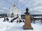 Zlatoust, Chelyabinsk region, Russia, January, 19, 2020. Monument to the Russian Emperor Nicholas II in front of the Church of Ser