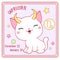 Zodiac Capricorn sign character in kawaii style. Square card with cute little white kitty and Zodiac symbol