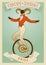 Zodiac Circus. Aries sign. Tightrope walker wearing horns acting on unicycle