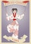 Zodiac Circus. Libra sign. Oriental girl juggling dishes on a pole