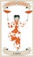 Zodiac Circus. Libra sign. Oriental girl juggling dishes on a pole