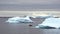 Zodiac among icebergs in a bay in Antarctica