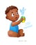 Zodiac sign Aquarius. African American child enjoys splashes in feeding cup. Water Game.