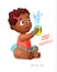 Zodiac sign Aquarius. African American Cute Girl Enjoys Splashes in Feeding Cup. Water Game