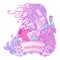 Zodiac sign Aquarius. Beautiful young man with long hair holding large amphora. Pastel goth palette