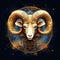 Zodiac sign of Aries, fantasy golden ram in horoscope wheel, generative AI