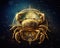 The Zodiac sign of Cancer is golden crab and astrological symbols.