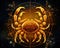 The Zodiac sign of Cancer is golden crab and astrological symbols.