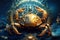 Zodiac sign of Cancer, golden crab on horoscope wheel background, generative AI