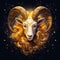 Zodiac sign of Capricorn, fantasy goat with golden horns and wool, generative AI